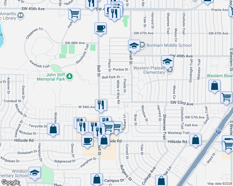 map of restaurants, bars, coffee shops, grocery stores, and more near 5204 While a Way Road in Amarillo