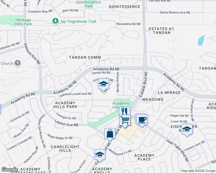 map of restaurants, bars, coffee shops, grocery stores, and more near 9909 Lorelei Lane Northeast in Albuquerque