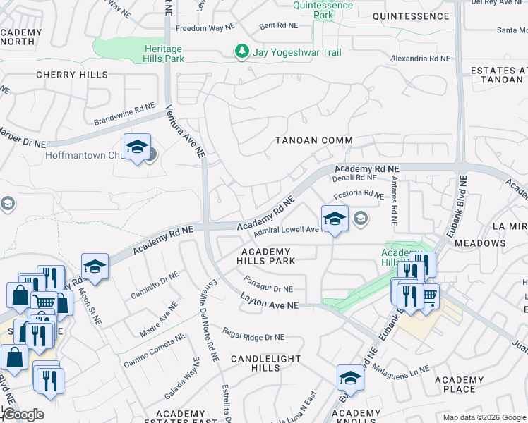 map of restaurants, bars, coffee shops, grocery stores, and more near 9460 Callaway Circle Northeast in Albuquerque
