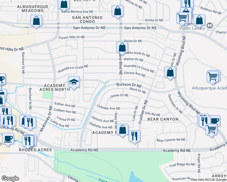 map of restaurants, bars, coffee shops, grocery stores, and more near 6713 Beck Drive Northeast in Albuquerque