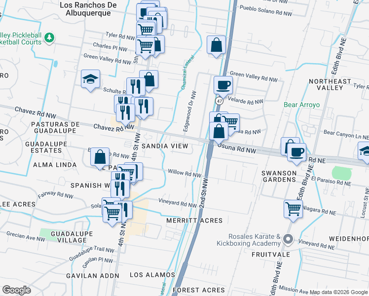map of restaurants, bars, coffee shops, grocery stores, and more near 264 Sandia View Road Northwest in Albuquerque