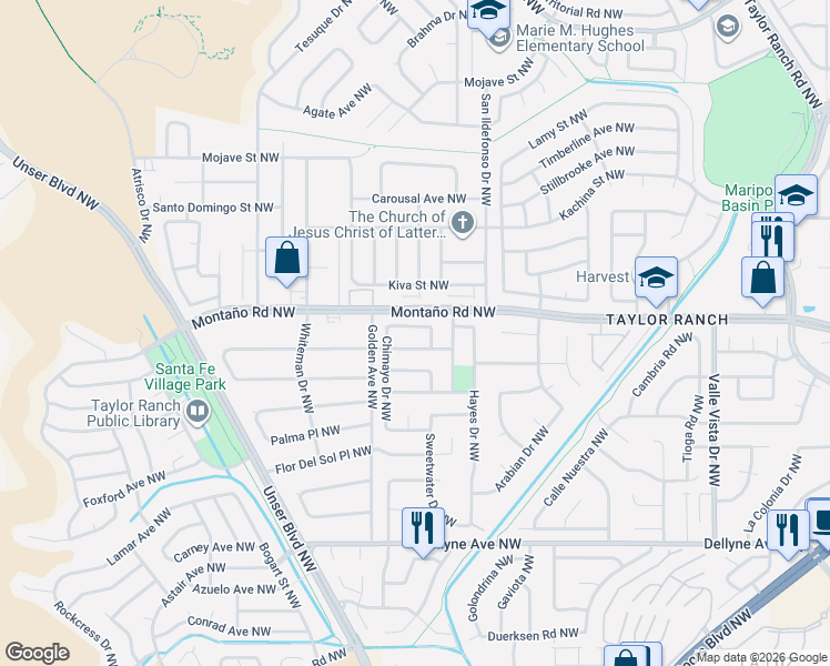 map of restaurants, bars, coffee shops, grocery stores, and more near 6123 Flor De Rio Northwest in Albuquerque