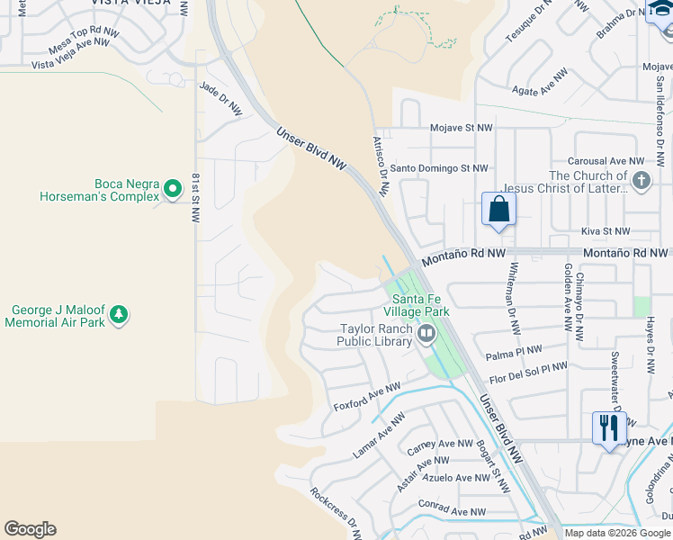 map of restaurants, bars, coffee shops, grocery stores, and more near 6016 Creggs Street Northwest in Albuquerque