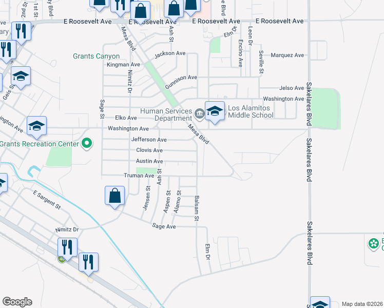 map of restaurants, bars, coffee shops, grocery stores, and more near 704 Balsam Street in Grants