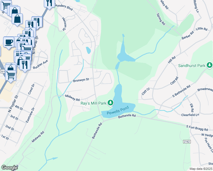 map of restaurants, bars, coffee shops, grocery stores, and more near 111 Cypress Circle in Southern Pines