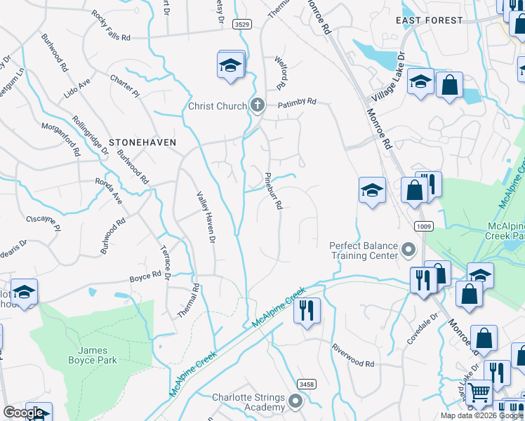 map of restaurants, bars, coffee shops, grocery stores, and more near 6513 Deermont Court in Charlotte