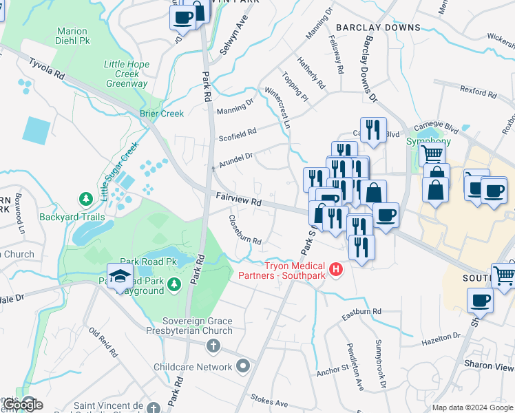 map of restaurants, bars, coffee shops, grocery stores, and more near in Charlotte