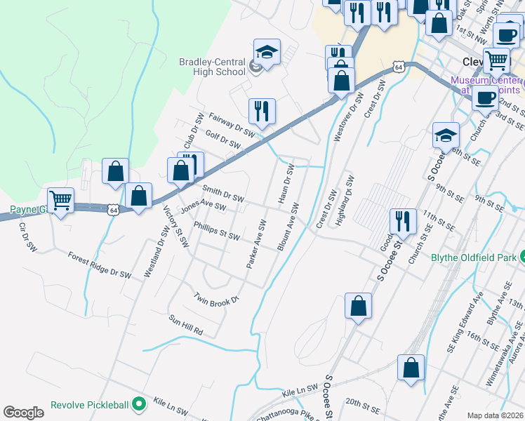map of restaurants, bars, coffee shops, grocery stores, and more near 1109 Smith Drive Southwest in Cleveland