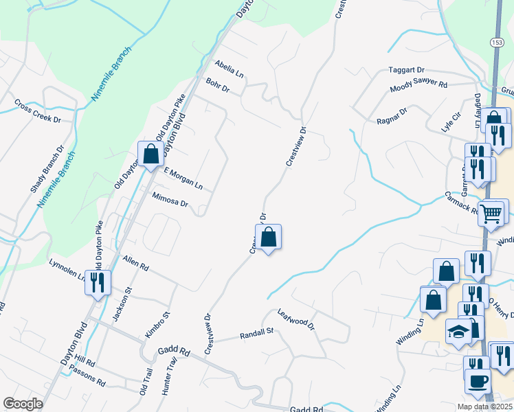 map of restaurants, bars, coffee shops, grocery stores, and more near 5625 Crestview Drive in Chattanooga