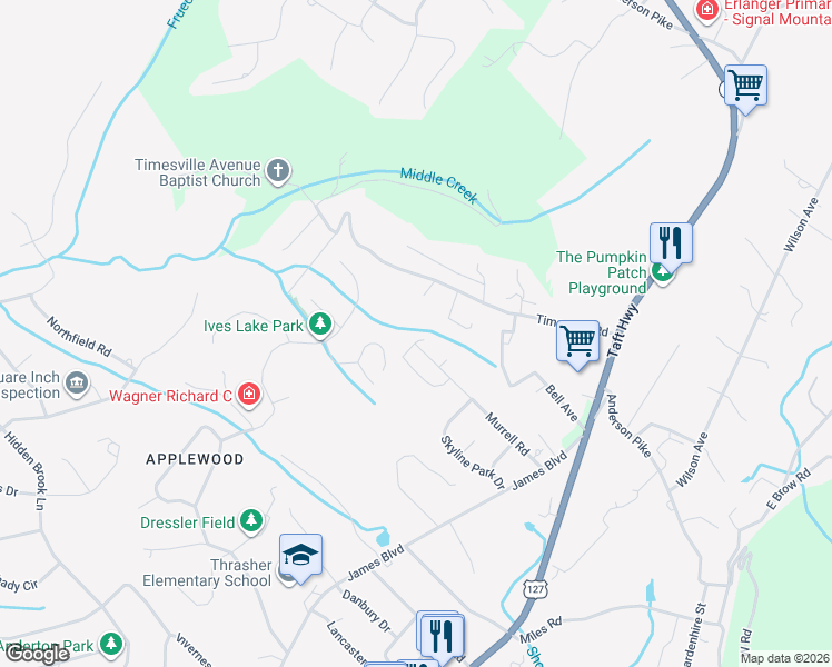 map of restaurants, bars, coffee shops, grocery stores, and more near 1803 Angel Lane in Signal Mountain