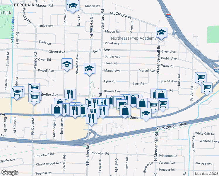 map of restaurants, bars, coffee shops, grocery stores, and more near 4661 Lynn Road in Memphis