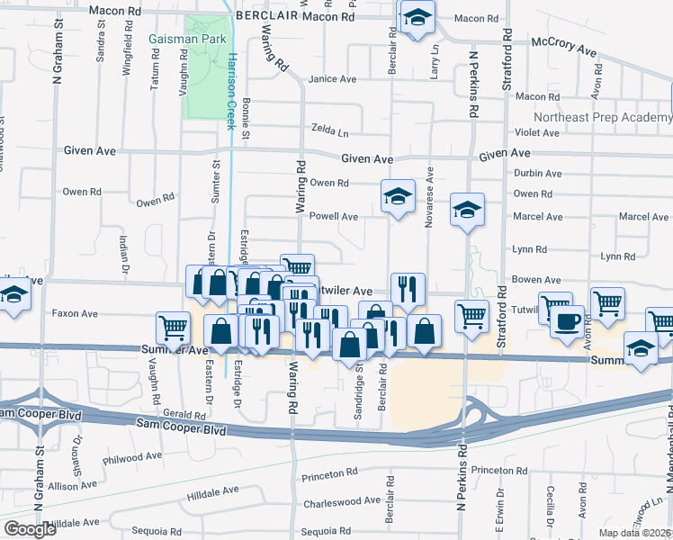 map of restaurants, bars, coffee shops, grocery stores, and more near 4390 Castle Avenue in Memphis