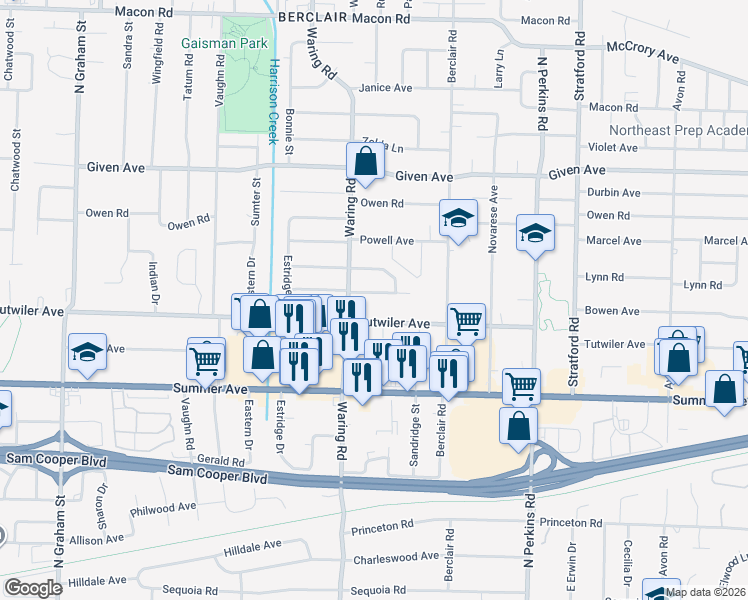 map of restaurants, bars, coffee shops, grocery stores, and more near 4390 Castle Avenue in Memphis