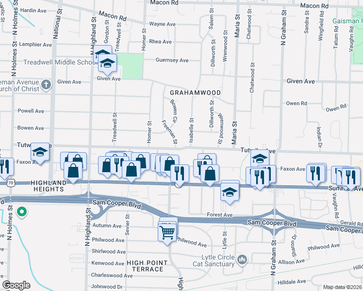 map of restaurants, bars, coffee shops, grocery stores, and more near 757 Freeman Street in Memphis