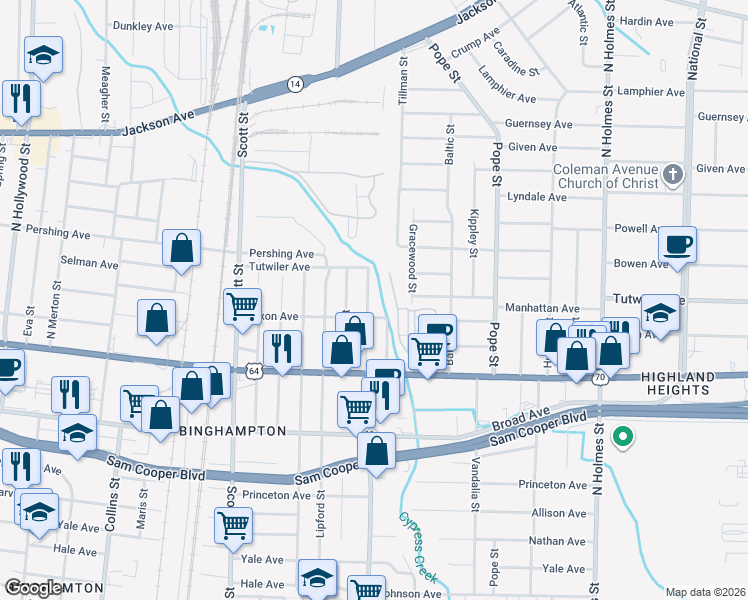 map of restaurants, bars, coffee shops, grocery stores, and more near 734 Tillman Street in Memphis