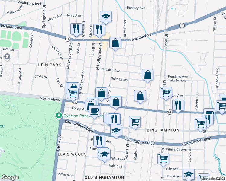 map of restaurants, bars, coffee shops, grocery stores, and more near 634 North Merton Street in Memphis