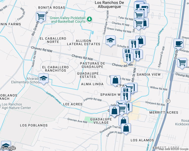 map of restaurants, bars, coffee shops, grocery stores, and more near 723 San Juan Place in Los Ranchos de Albuquerque