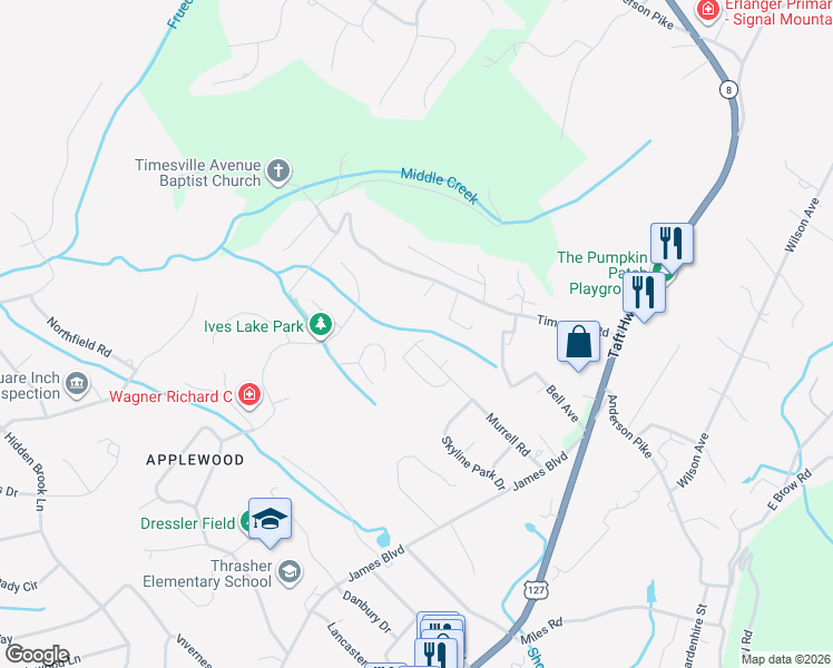 map of restaurants, bars, coffee shops, grocery stores, and more near 1803 Angel Lane in Signal Mountain