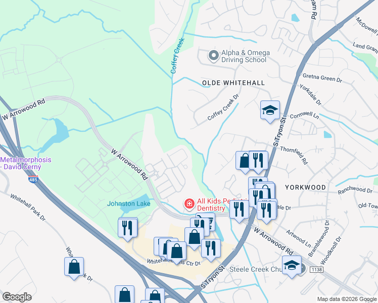 map of restaurants, bars, coffee shops, grocery stores, and more near 2639 Silverthorn Drive in Charlotte