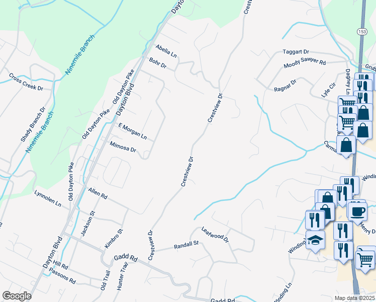 map of restaurants, bars, coffee shops, grocery stores, and more near 5625 Crestview Drive in Chattanooga