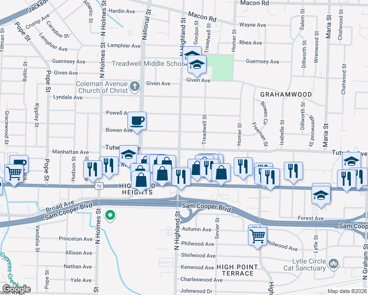 map of restaurants, bars, coffee shops, grocery stores, and more near 749 North Highland Street in Memphis