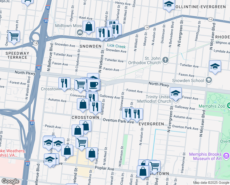map of restaurants, bars, coffee shops, grocery stores, and more near 504 North McNeil Street in Memphis