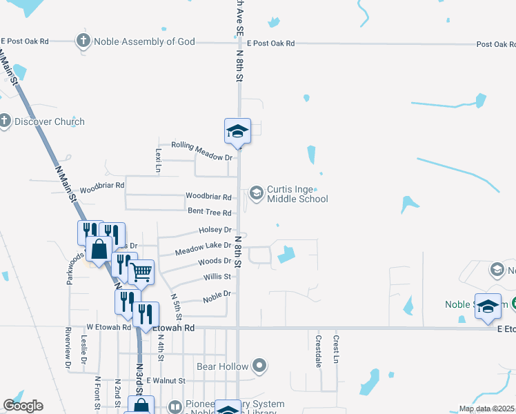 map of restaurants, bars, coffee shops, grocery stores, and more near 1201 North 8th Street in Noble