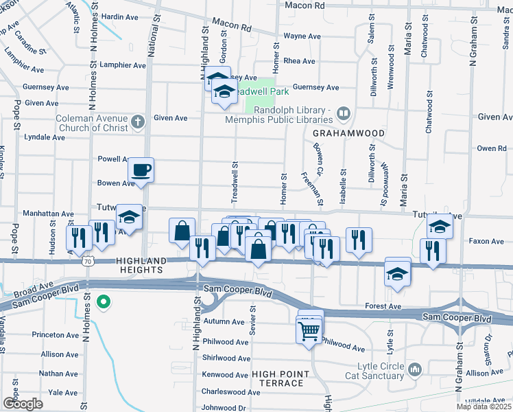 map of restaurants, bars, coffee shops, grocery stores, and more near 3600 Tutwiler Avenue in Memphis