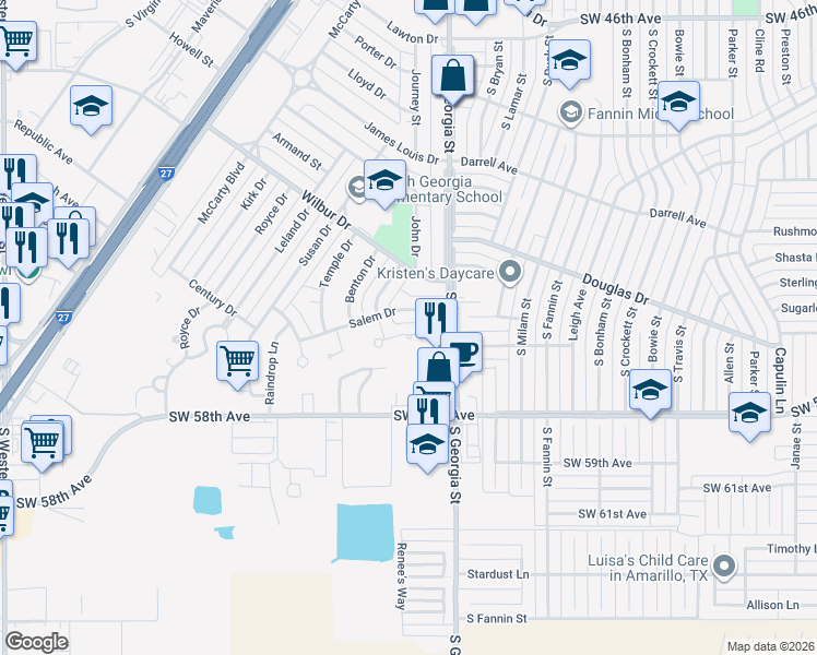 map of restaurants, bars, coffee shops, grocery stores, and more near 2715 Salem Drive in Amarillo