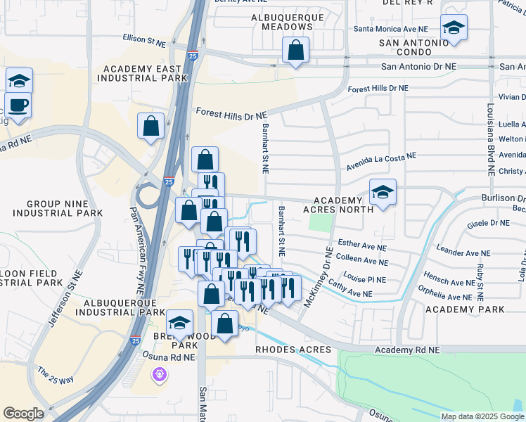 map of restaurants, bars, coffee shops, grocery stores, and more near 6100 Harper Drive Northeast in Albuquerque
