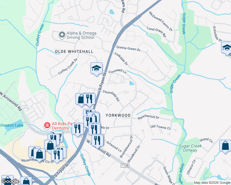 map of restaurants, bars, coffee shops, grocery stores, and more near 2206 Thornfield Road in Charlotte