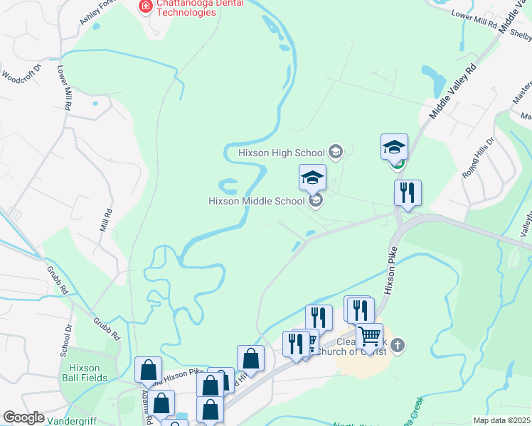 map of restaurants, bars, coffee shops, grocery stores, and more near 5798 Hixson Home Place in Chattanooga