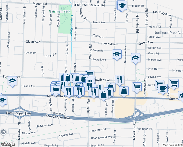 map of restaurants, bars, coffee shops, grocery stores, and more near 775 Waring Road in Memphis