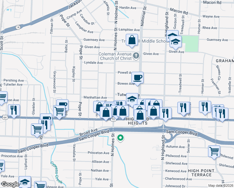 map of restaurants, bars, coffee shops, grocery stores, and more near 3318 Tutwiler Avenue in Memphis