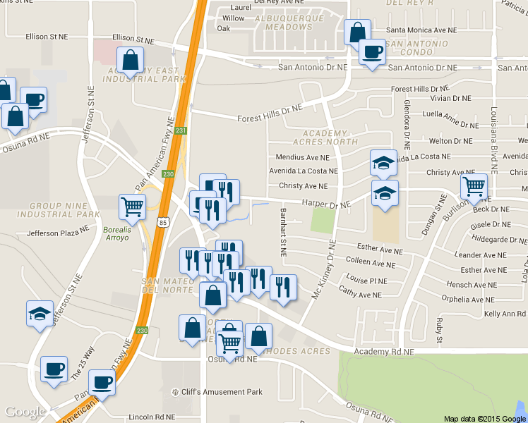 map of restaurants, bars, coffee shops, grocery stores, and more near 6100 Harper Drive Northeast in Albuquerque