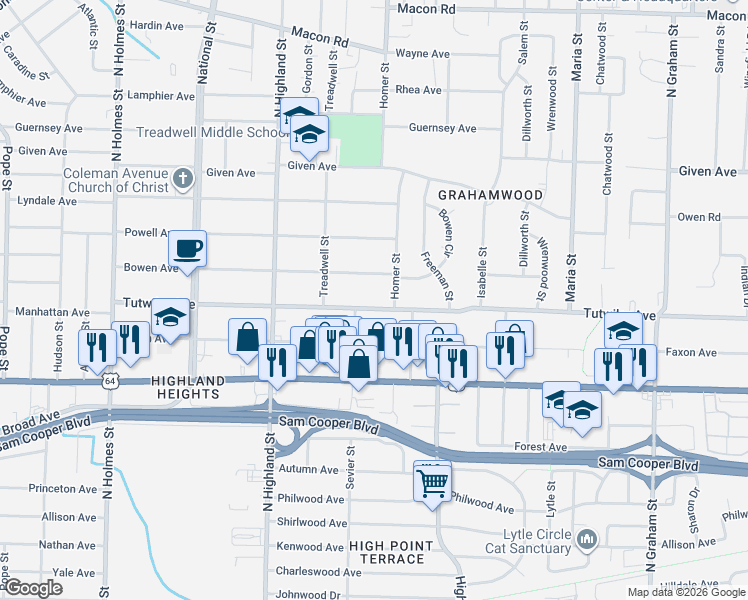 map of restaurants, bars, coffee shops, grocery stores, and more near 3626 Tutwiler Avenue in Memphis