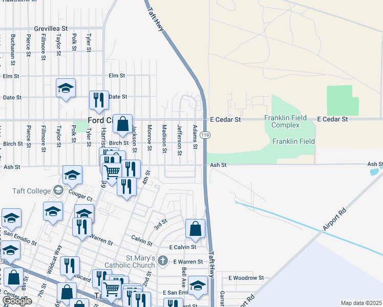 map of restaurants, bars, coffee shops, grocery stores, and more near 111 Adams Street in Taft