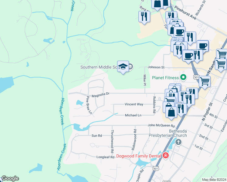 map of restaurants, bars, coffee shops, grocery stores, and more near 934 Magnolia Drive in Aberdeen