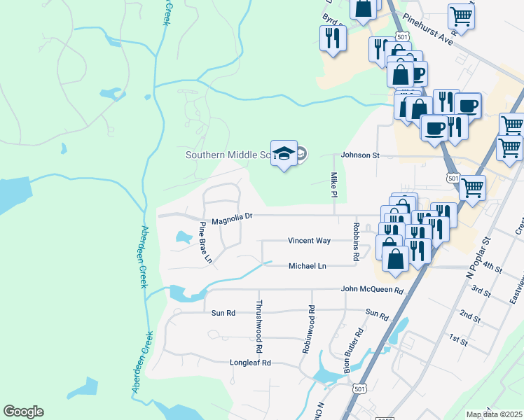 map of restaurants, bars, coffee shops, grocery stores, and more near 934 Magnolia Drive in Aberdeen
