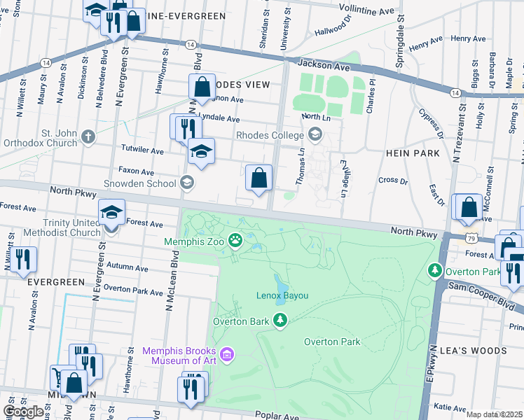 map of restaurants, bars, coffee shops, grocery stores, and more near in Memphis