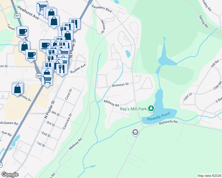 map of restaurants, bars, coffee shops, grocery stores, and more near 195 Bronwyn Street in Southern Pines