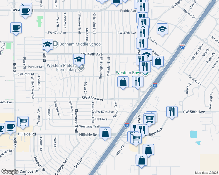 map of restaurants, bars, coffee shops, grocery stores, and more near 5112 Oregon Trail in Amarillo