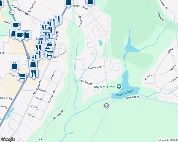 map of restaurants, bars, coffee shops, grocery stores, and more near 195 Bronwyn Street in Southern Pines