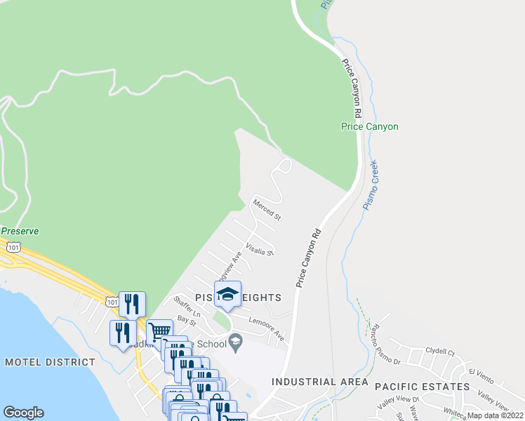 map of restaurants, bars, coffee shops, grocery stores, and more near 861 Merced Street in Pismo Beach