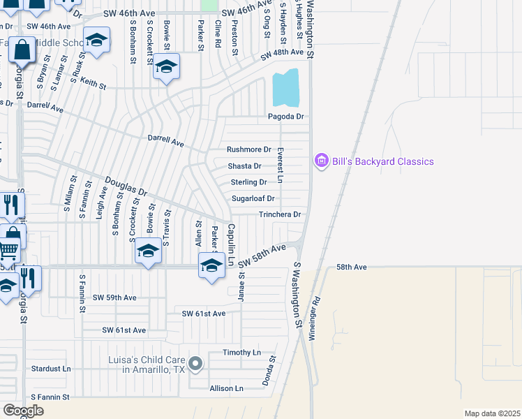 map of restaurants, bars, coffee shops, grocery stores, and more near 1121 Sugarloaf Drive in Amarillo
