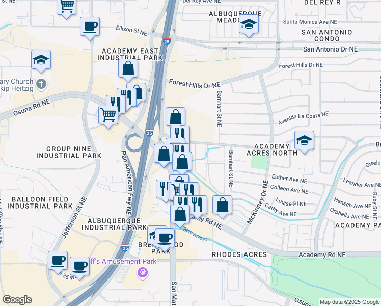 map of restaurants, bars, coffee shops, grocery stores, and more near 5700 Harper Drive Northeast in Albuquerque