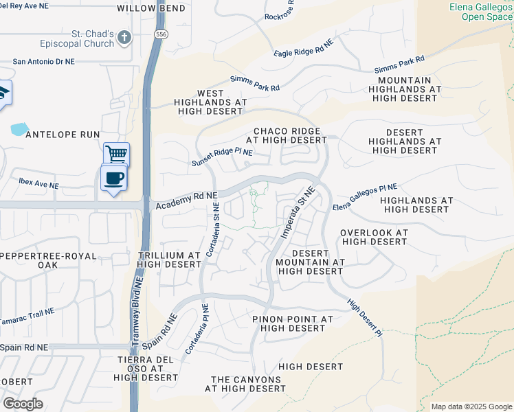 map of restaurants, bars, coffee shops, grocery stores, and more near 13100 Academy Road Northeast in Albuquerque