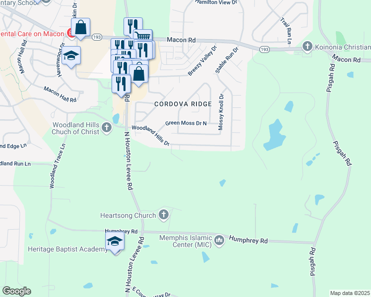 map of restaurants, bars, coffee shops, grocery stores, and more near 10209 Woodland Hills Drive in Shelby County