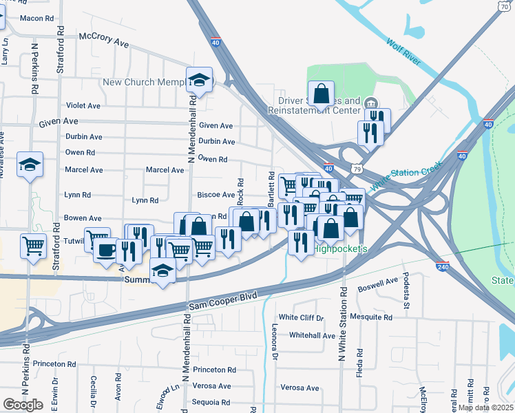 map of restaurants, bars, coffee shops, grocery stores, and more near 5009 Biscoe Avenue in Memphis