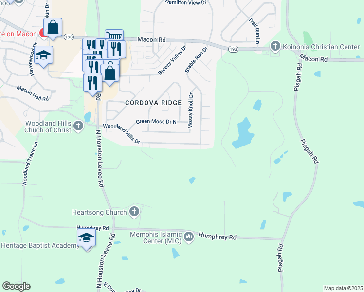 map of restaurants, bars, coffee shops, grocery stores, and more near 10279 Woodland Hills Drive in Shelby County